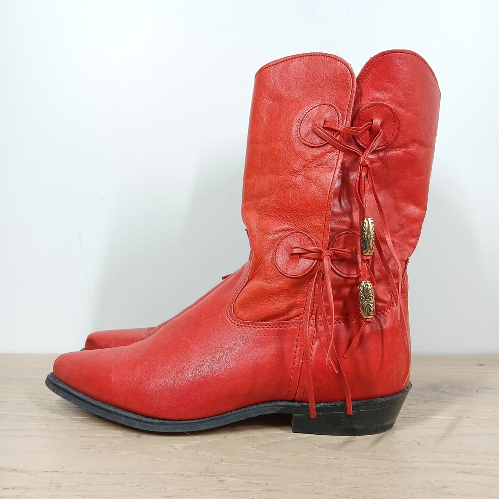 Vintage Western Boots Women 8.5 Red Leather Pointed Toe Side Tie Bead Fringe